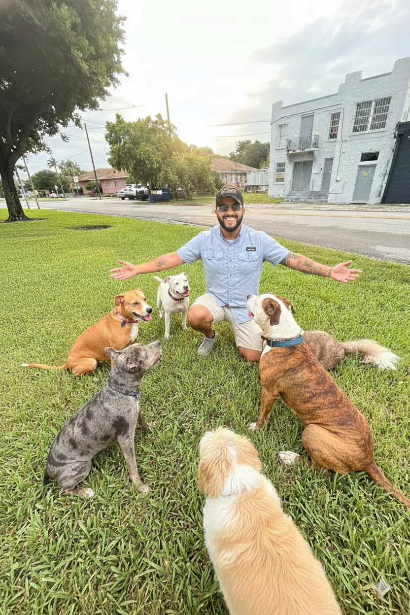 Confianza — Entrenador rodeado de varios perros